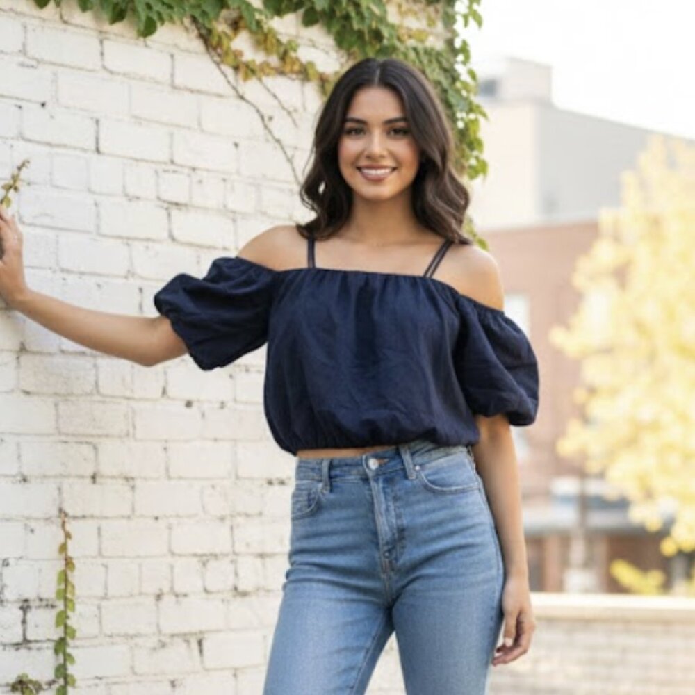 LOVE BONITO Cropped Puff Sleeve Top in Navy Feminine Academia - Size US 4 NWT